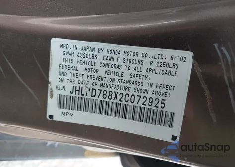 2002 Honda Cr-V Ex из США, поврежденный, VIN JHLRD788X2C072925